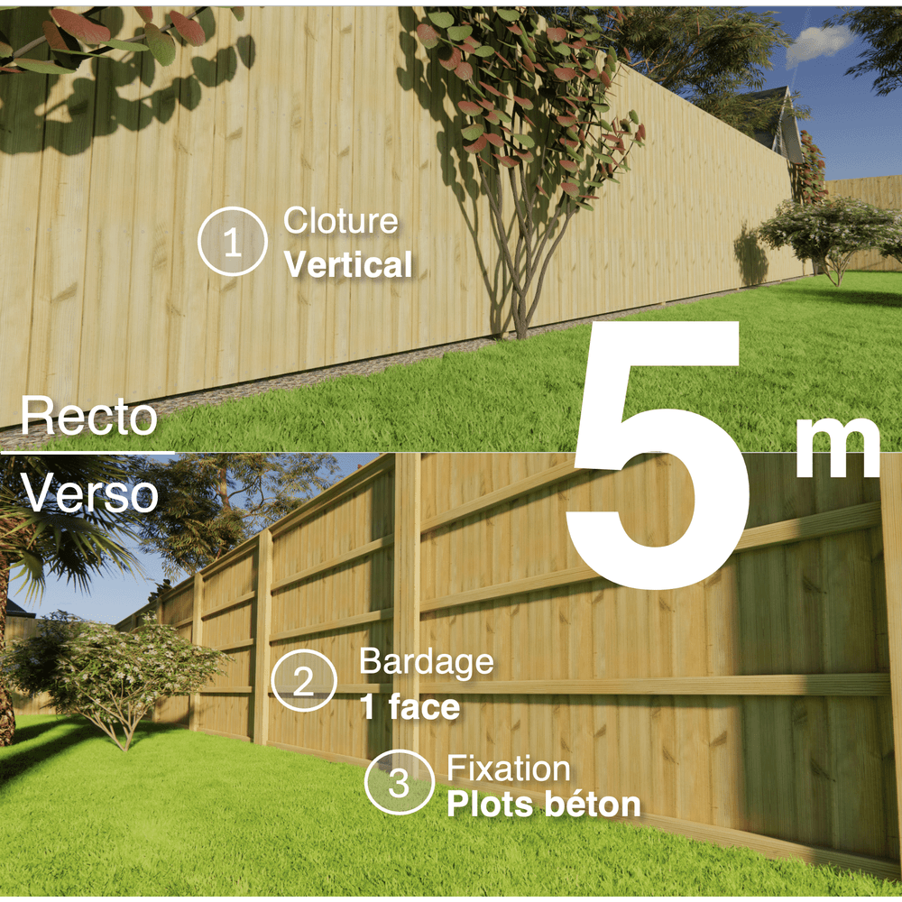 Kit clôture bois moderne 5m – h 2,3m – 21 x 130 mm autoclave vert – pose vertical – simple face – à sceller
