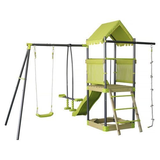 Aire de jeu portique en métal avec toboggan et bac a sable