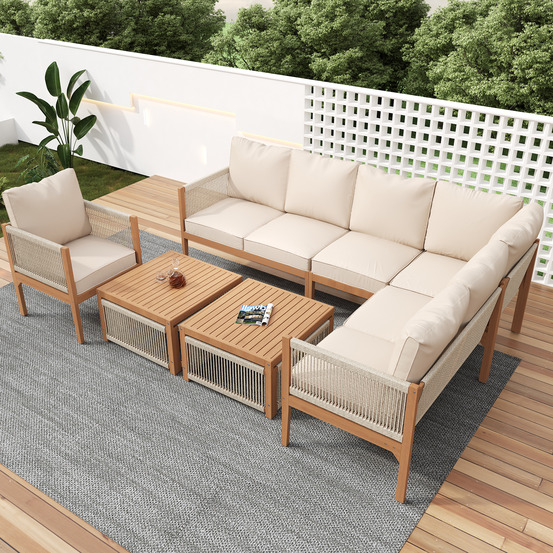 Salon jardin 7-8 pers: canapé, table, coussins, housse tissu amovible lavable beige naturel