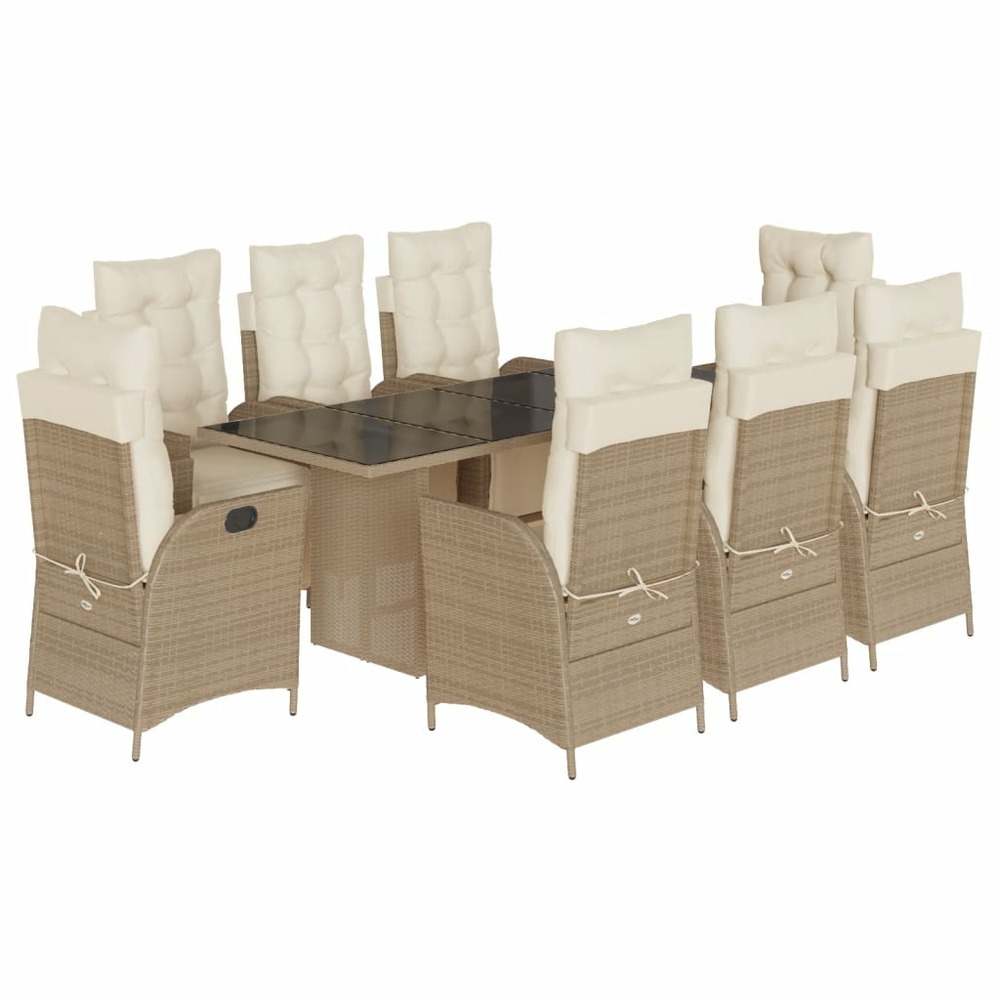 Ensemble à manger de jardin et coussins 9 pcs beige poly rotin