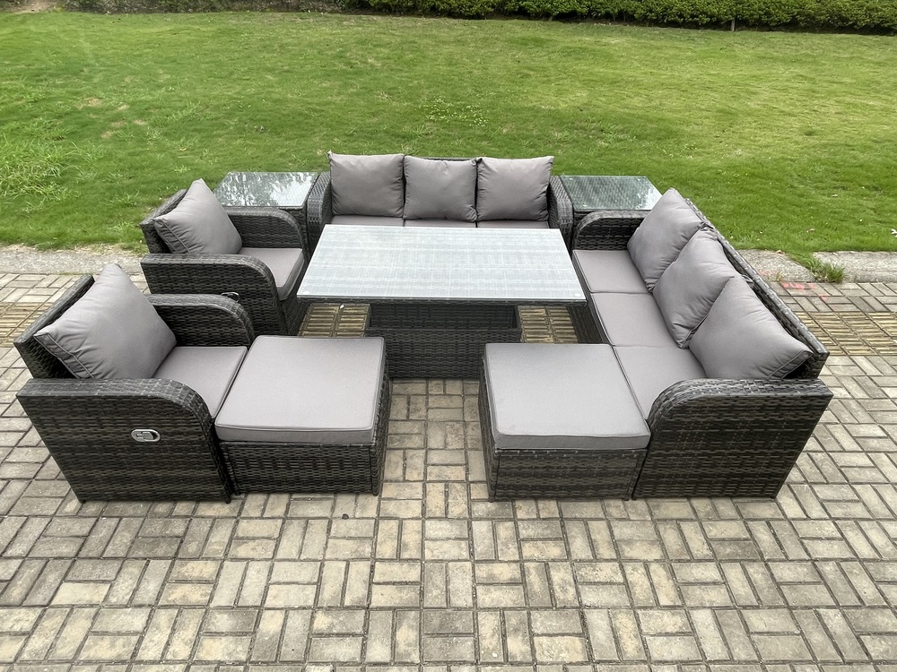 Mobilier à dîner de jardin ave table à manger réglable en hauteur 2 chaises inclinable canapé 2 grand tabourets 2 table d'appoint