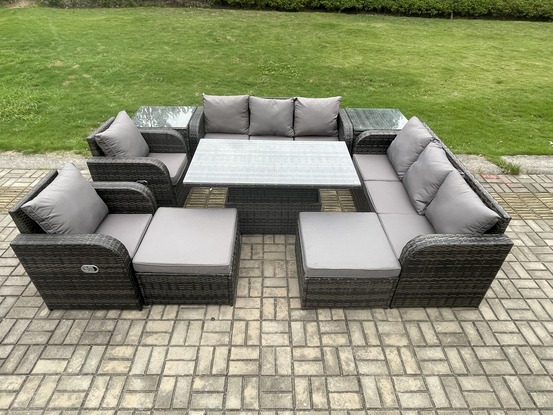 Mobilier à dîner de jardin ave table à manger réglable en hauteur 2 chaises inclinable canapé 2 grand tabourets 2 table d'appoint