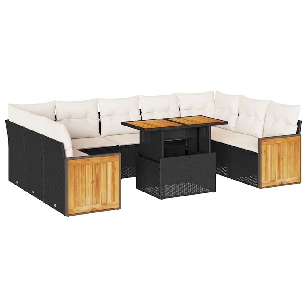 Salon de jardin 10 pcs avec coussins noir résine tressée acacia