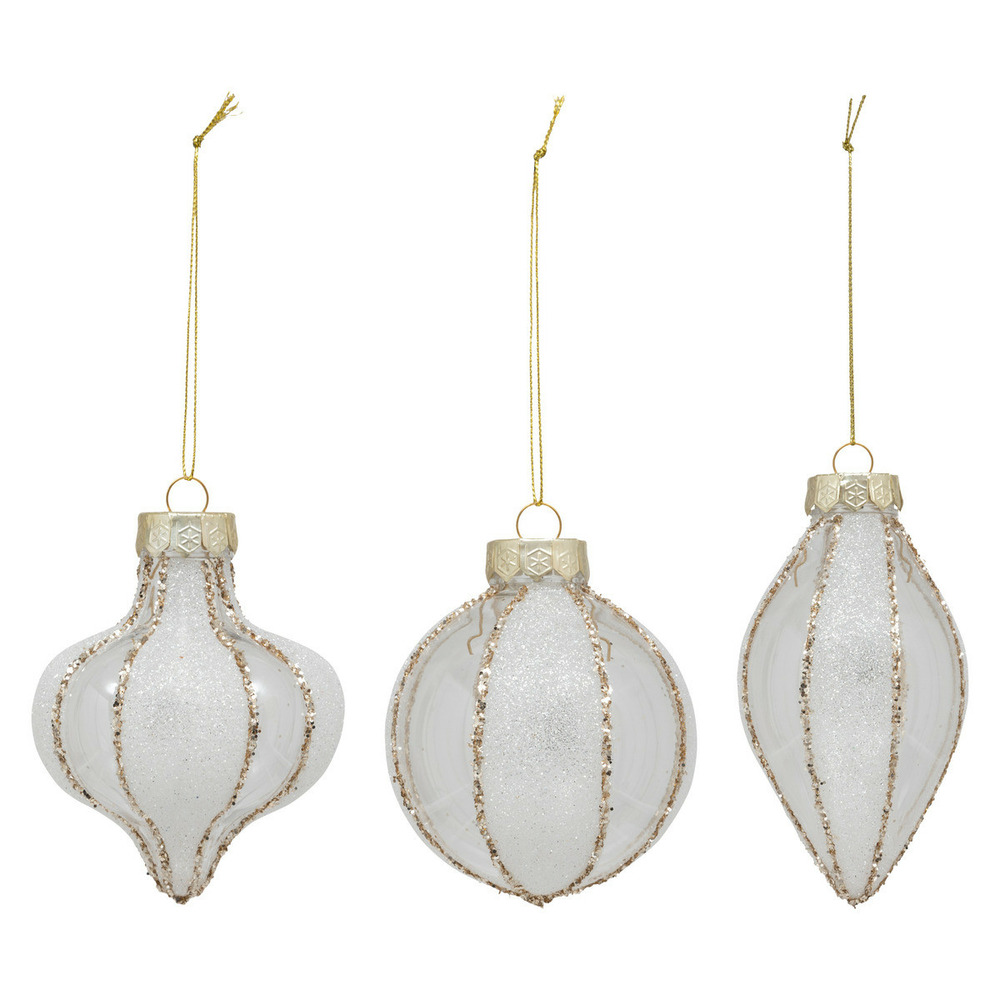 Déco de sapin lot de 3 boules de noël striées et pailletées d 8 cm blanc et doré