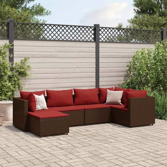 Salon de jardin 6 pcs avec coussins marron résine tressée