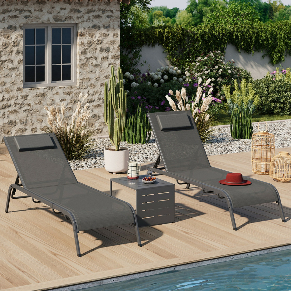 Lot de 2 transats de jardin inclinables bora avec table d'appoint modulable en acier gris anthracite et toile grise