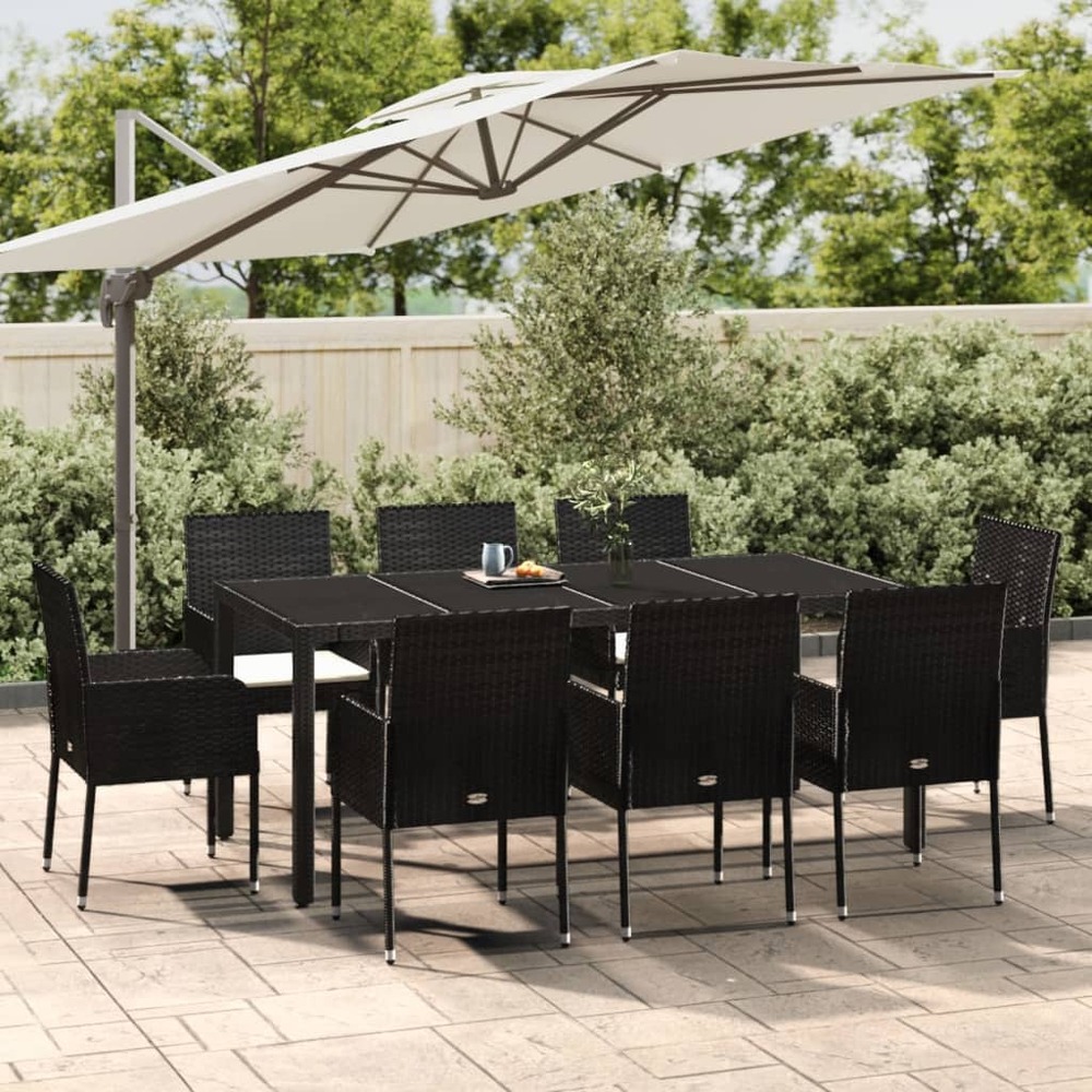 Ensemble à manger jardin 9pcs et coussins noir résine tressée