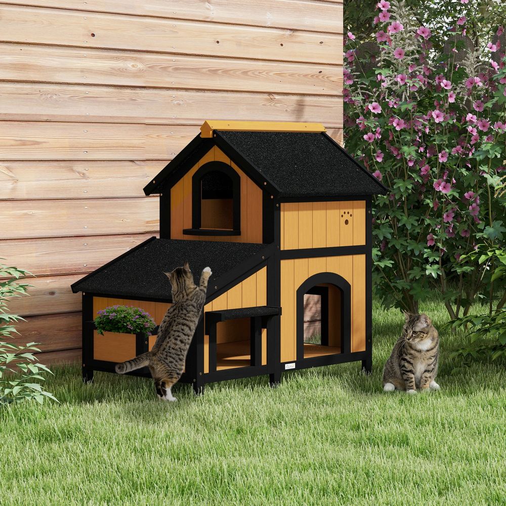 Maison pour chat 2 étages bois de sapin extérieur toit bitumé 96x65x86cm - comfortxl pet living