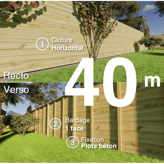 Kit clôture bois moderne 40m – h 1,9m – 21 x 130 mm autoclave vert – pose horizontal – simple face – à sceller