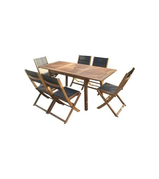 Ensemble repas de jardin 6 personnes - table extensible 120-180 x 80 cm + 6 chaises assises textilene - bois eucalyptus fsc