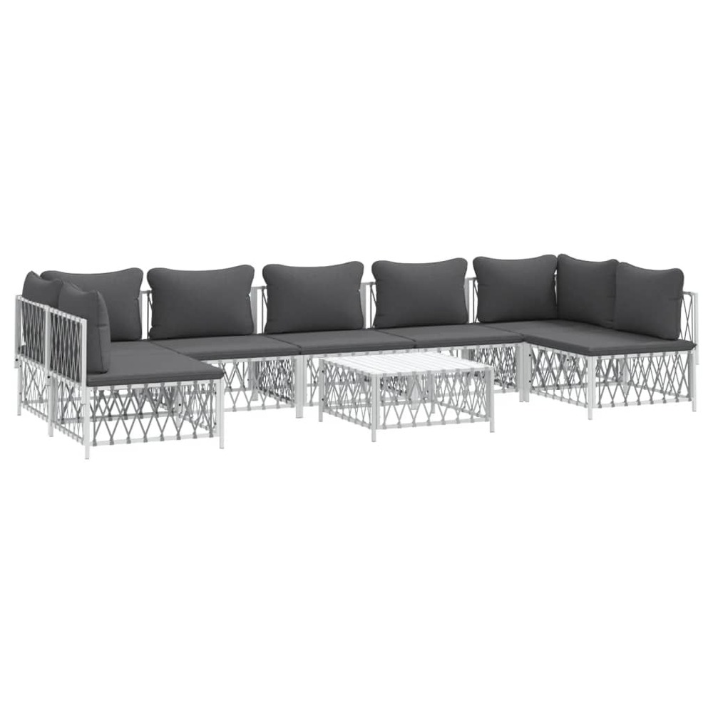 Salon de jardin meuble d'extérieur ensemble de mobilier 8 pièces avec coussins blanc acier