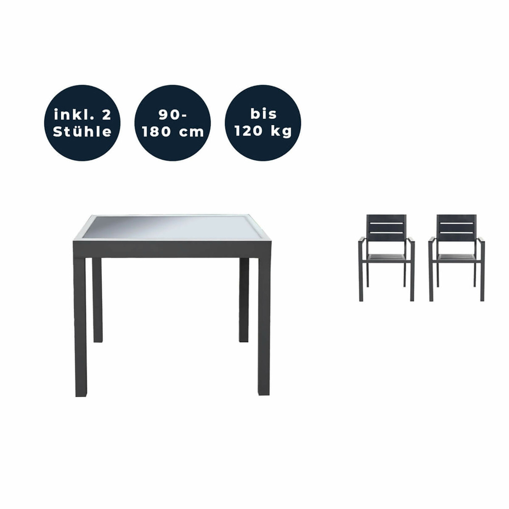 Home deluxe - table de jardin extensible - verano - env. 90 (180) x 90 x 75 cm - 2 chaises incluses, structure en aluminium, plateau