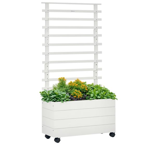 Jardinière sur roulettes bois avec grand treillis 76x30x155cm blanc