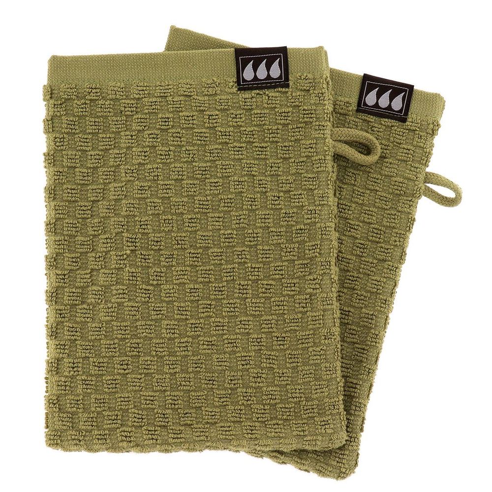 Set de 2 gants de toilette 15x21cm 100% coton damier - vert olive