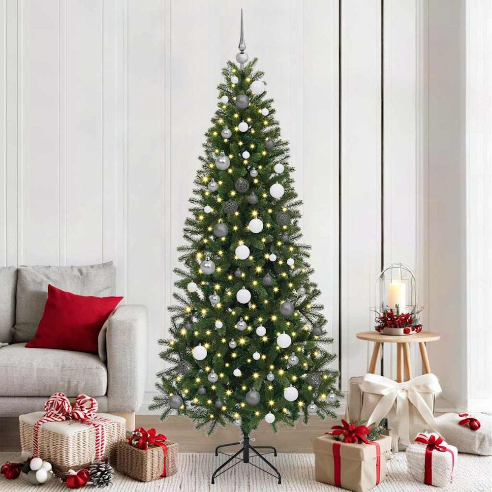 Sapin artificiel vert effet naturel 210cm avec 300 led et set de 120 boules
