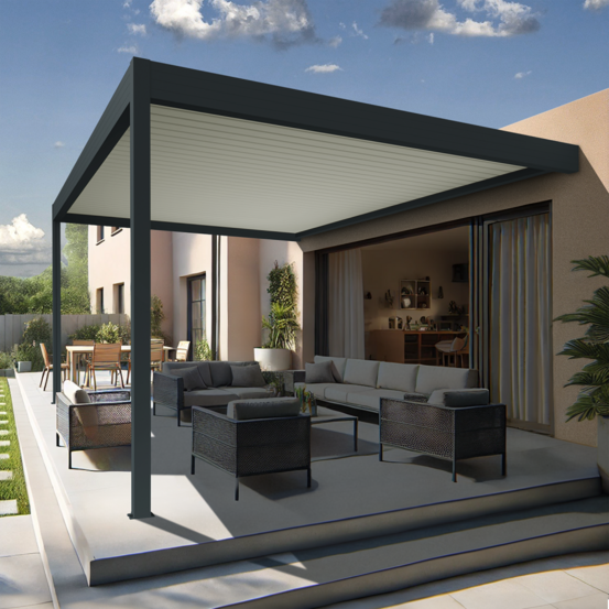 Pergola bioclimatique xenon ii perpendiculaire (vérin à télécommande - gris anthracite / blanc - 4,168 x 3,00m)