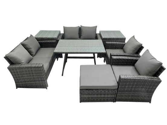 Salon de jardin avec table à manger rectangulaire canapé à deux places 2 tables d'appoint grand tabouret gris foncé mixte