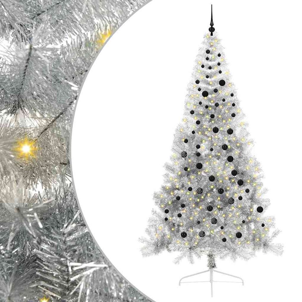 Sapin de noël lumineux argenté 240 cm prêt à décorer, kit avec 120 boules et cimier inclus
