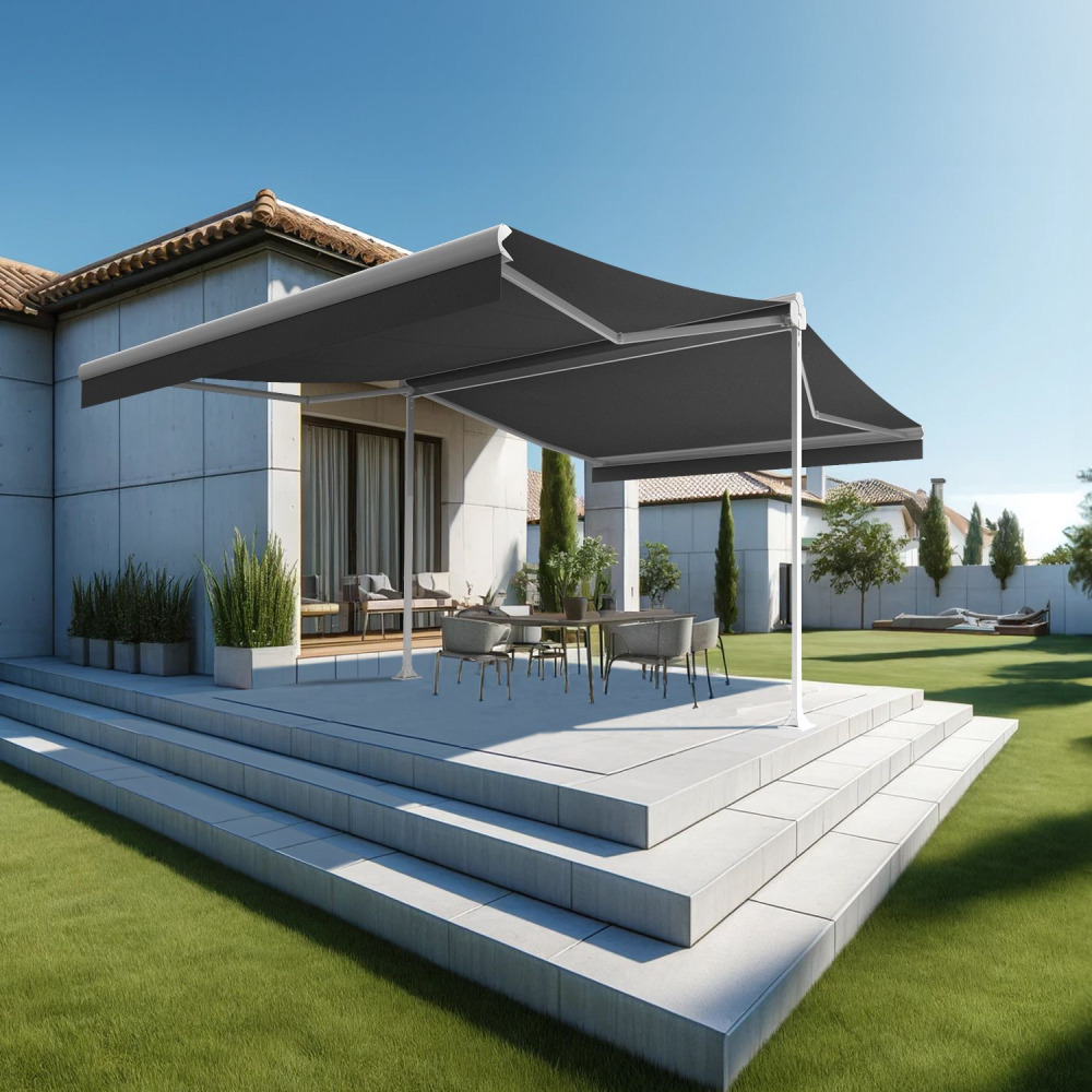 Store banne double pente enargite 4,00x2x3,00 m (manuelle - blanc satiné ral9010 - gris graphite)