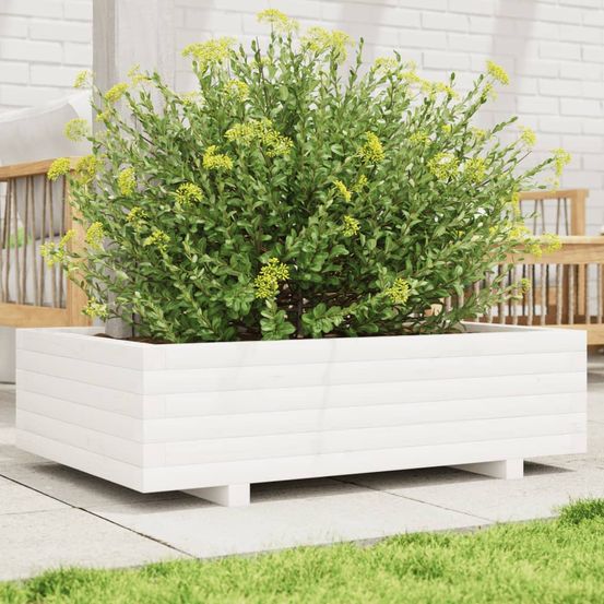Grande jardinière rectangulaire en bois massif blanc 90x60cm terrasse