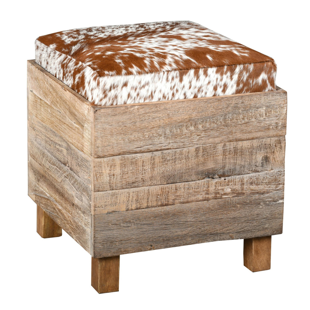 Coffre pouf carré en bois recyclé et peau de vache