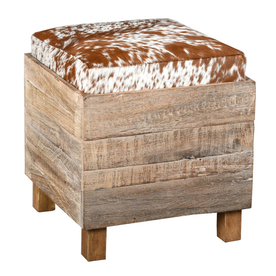 Coffre pouf carré en bois recyclé et peau de vache