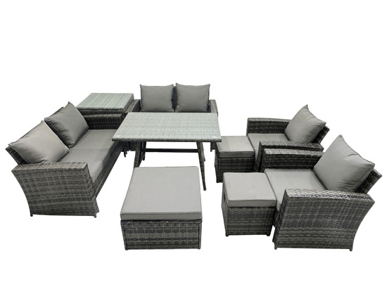 9 pièces ensemble de canapé en rotin extérieur avec 3 tabourets table d'appoint gris foncé mixte