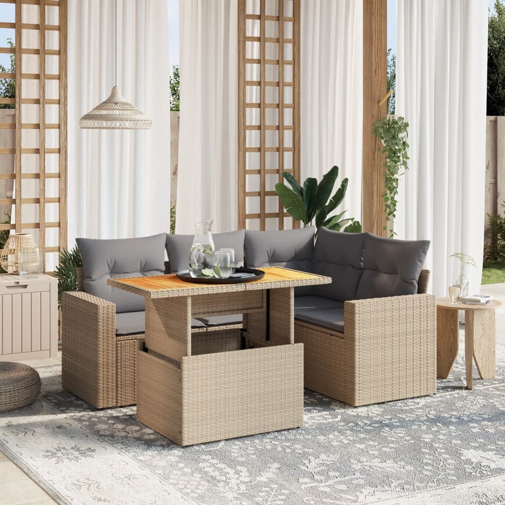 Salon de jardin avec coussins 5 pcs beige résine tressée