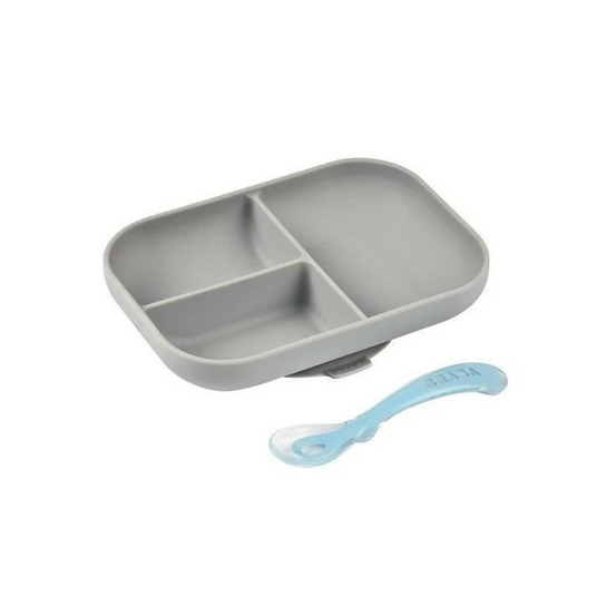 Beaba set repas bebe, avec ventouse, anti derapant, assiette silicone compartimentee + cuillere, sain et durable, gris