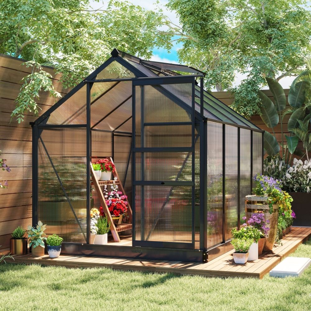 Serre de jardin polycarbonate aluminium 252 x 190 x 201 cm gris porte coulissante ventilée - comfortxl outdoor living