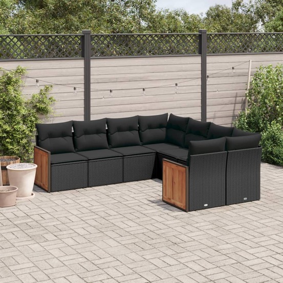Salon de jardin 8 pcs avec coussins noir résine tressée