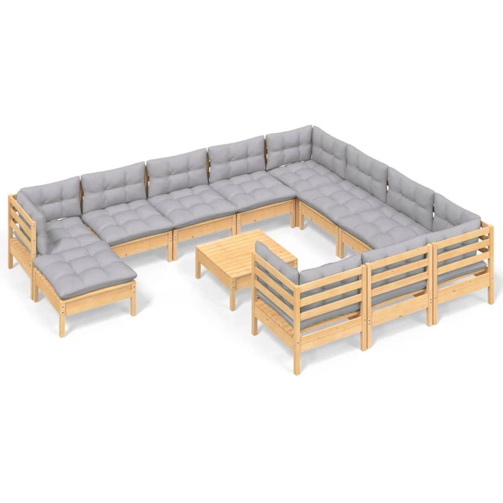 Salon de jardin 12 pcs avec coussins gris bois de pin