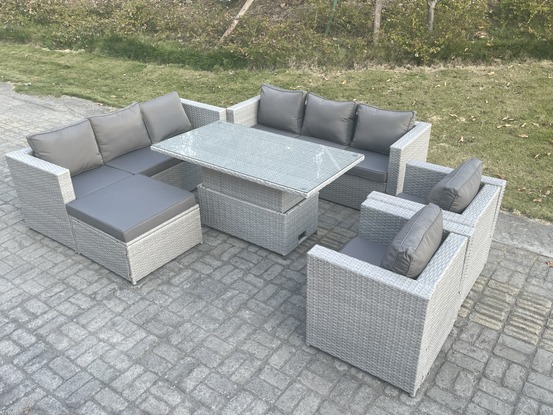 Salon de jardin exterieur table à manger réglable en hauteur ave canapé 2 fauteuil grand
tabourets gris clair