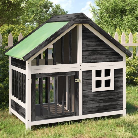 Niche pour chien en bois de pin massif grise avec toit vert étanche