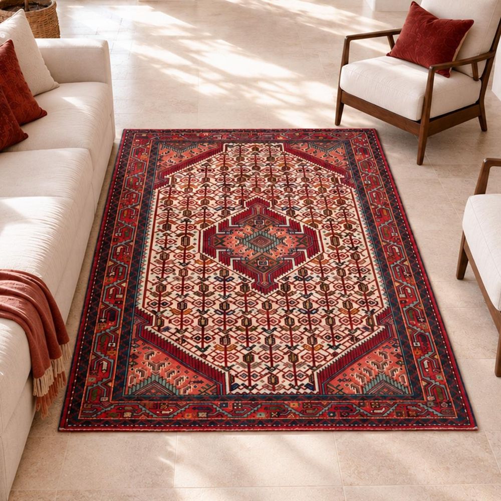 Tapis d'orient, 103 x 152 cm, rouge, crème et bleu, noué main, hamadan 44