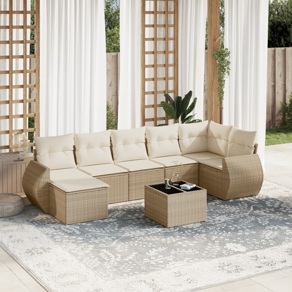 Salon de jardin avec coussins 8 pcs beige résine tressée