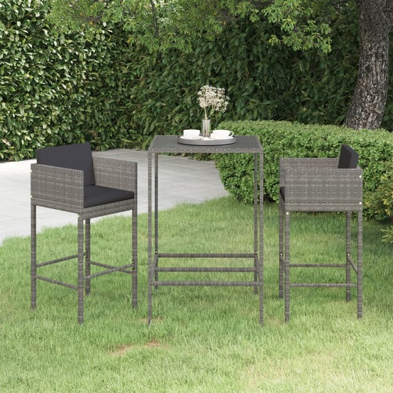 Ensemble de bar de jardin 3 pcs et coussins résine tressée gris