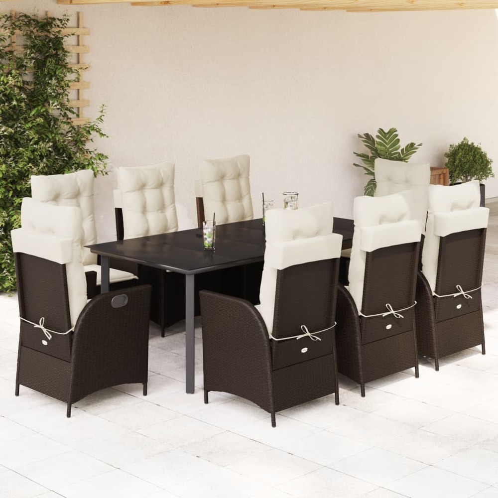 Ensemble à manger de jardin et coussins 9 pcs marron poly rotin