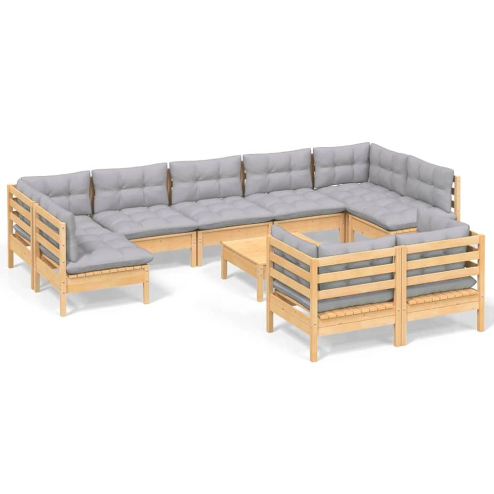 Salon de jardin 10 pcs avec coussins gris bois de pin massif