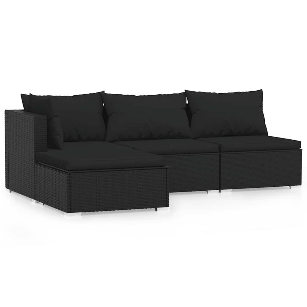 Salon de jardin 4 pcs avec coussins noir résine tressée