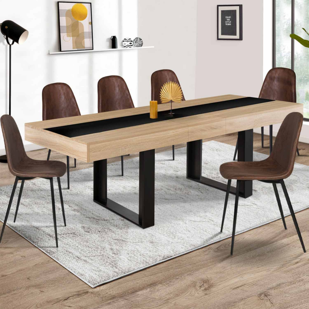 Table à manger extensible rectangle phoenix 4-8 personnes bois et noir bande centrale noire 160-200 cm