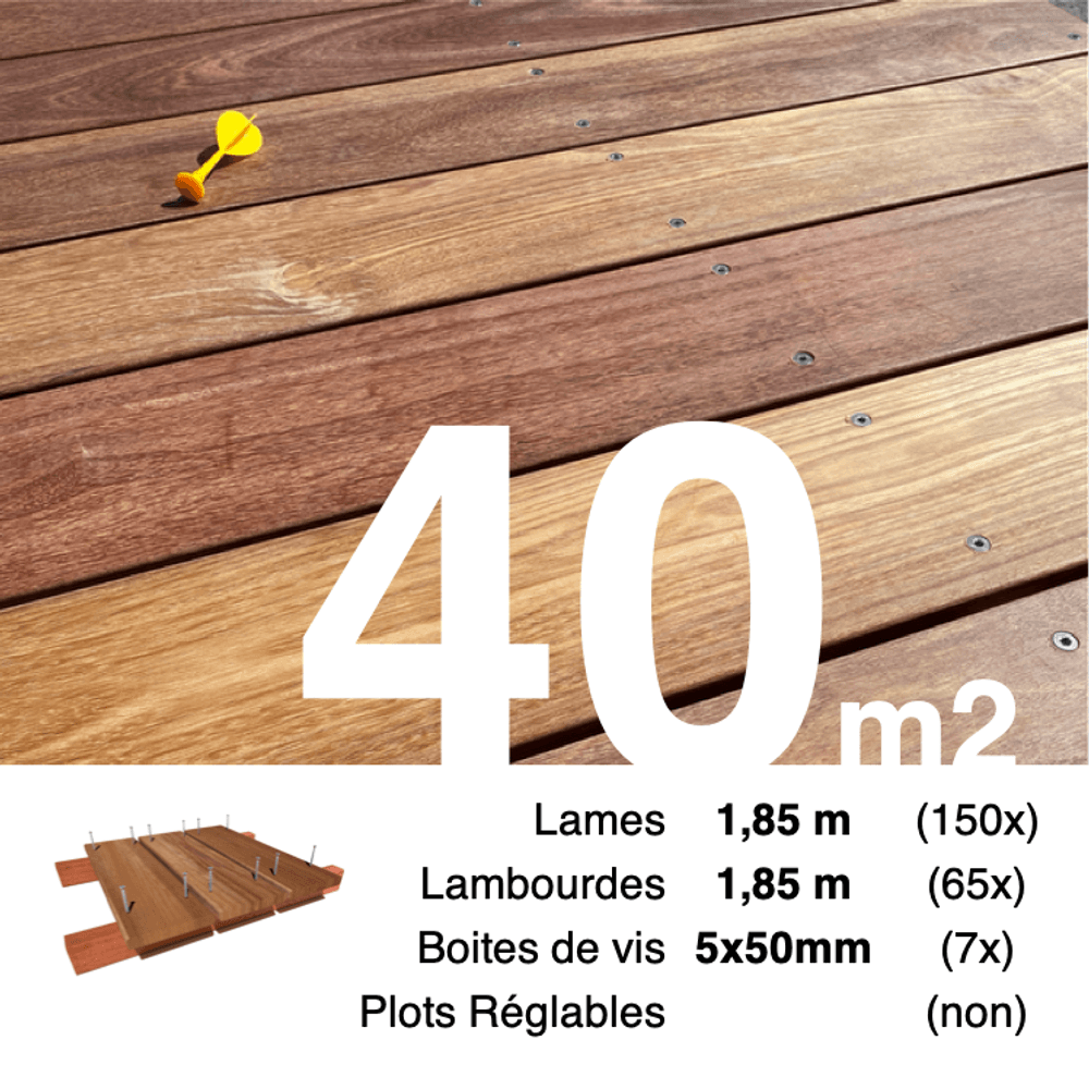 Kit terrasse bois exotique cumaru pour 40 m², lames 1,85 m, lambourdes 1,85 m et visserie inox.