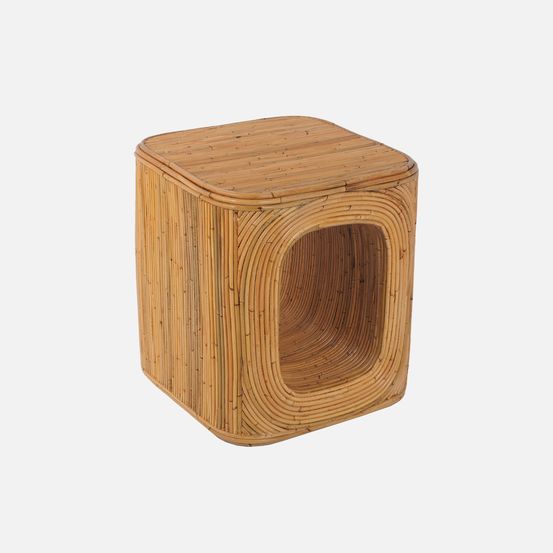 Bout de canapé, table d'appoint, table de chevet avec niche, en rotin naturel, cubique et coins arrondis, l 45 x p 45 x h 50cm