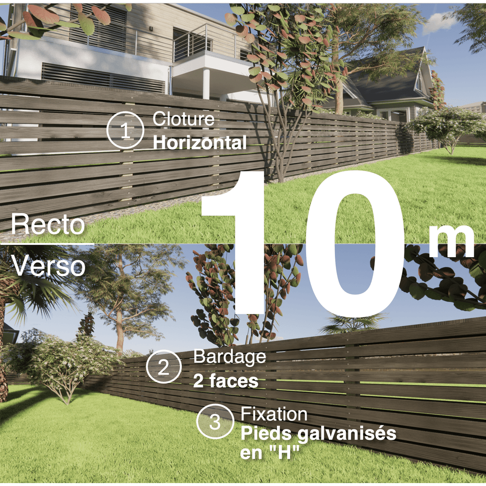Kit clôture bois moderne 10m – h 0,9m – 20 x 70 mm noir par trempage – pose horizontal – double face – support galva