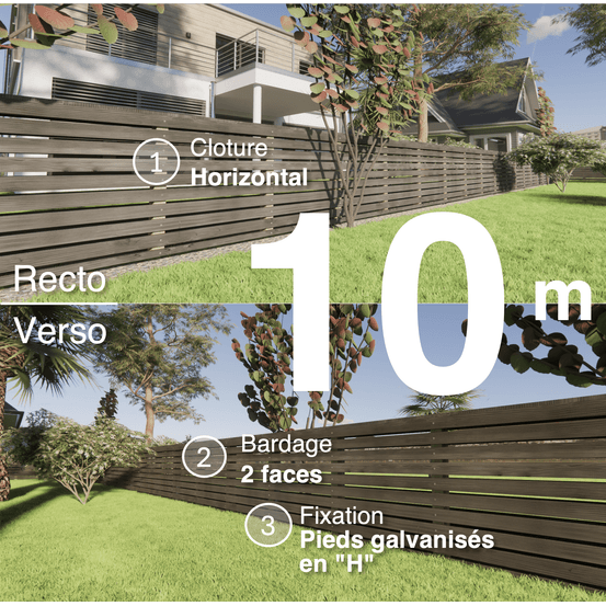 Kit clôture bois moderne 10m – h 0,9m – 20 x 70 mm noir par trempage – pose horizontal – double face – support galva