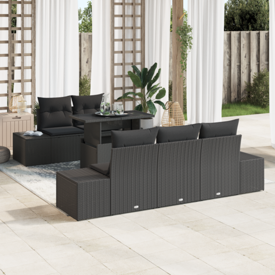 Ensemble de canapé de jardin de 6 pièces avec coussins en poly rattan noir