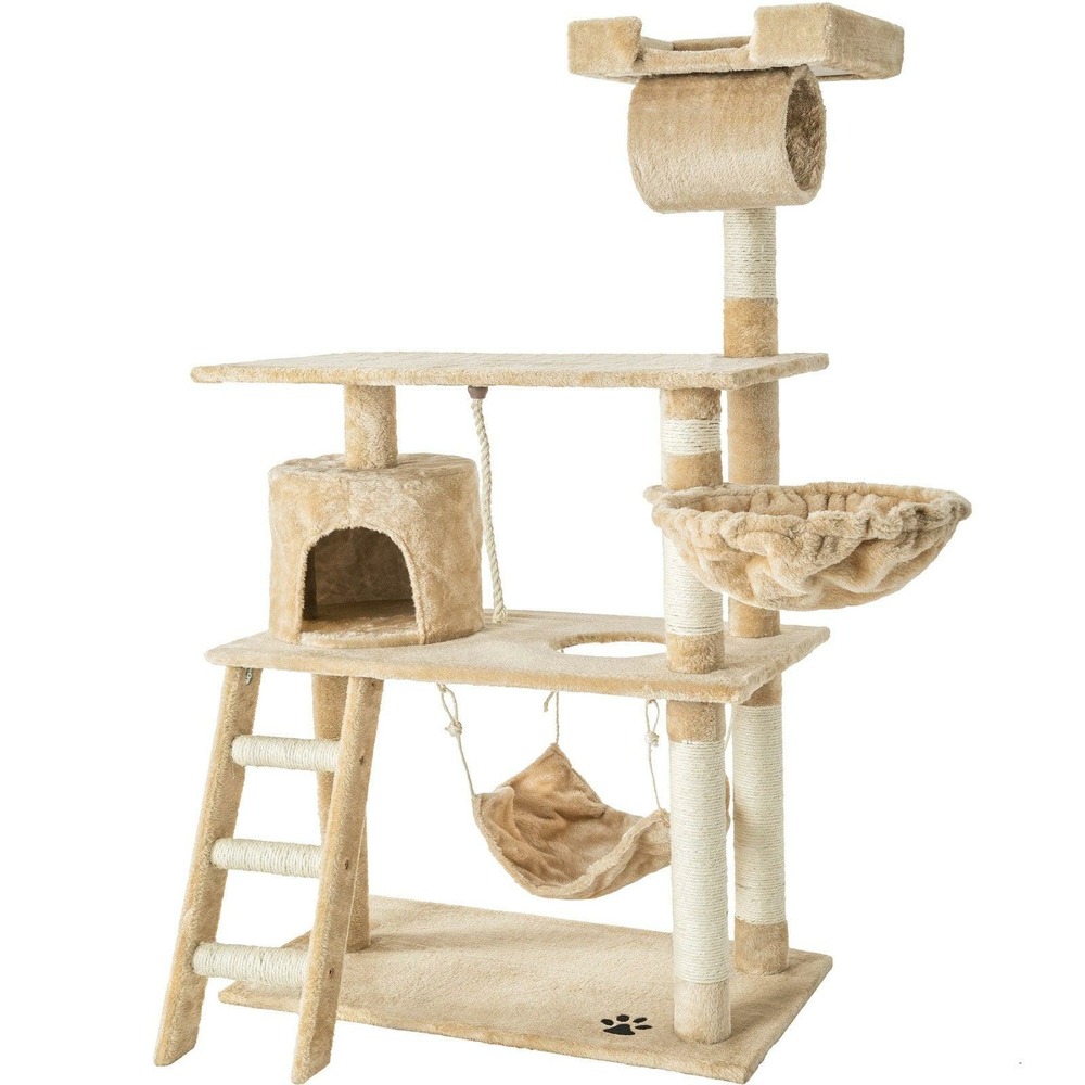 Arbre à chat griffoir grattoir niche jouet animaux peluché beige 141 cm