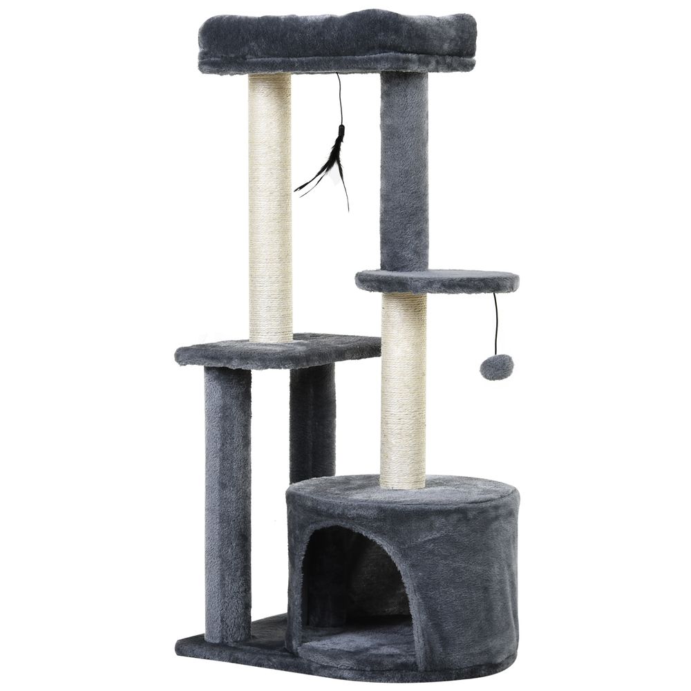Arbre à chat bois gris 48 x 35 x 100 cm intérieur avec sisal niche plateformes jouets