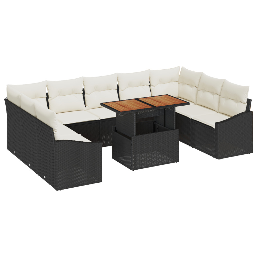 Ensemble de canapé de jardin 10 pièces avec coussins noir rattan poly