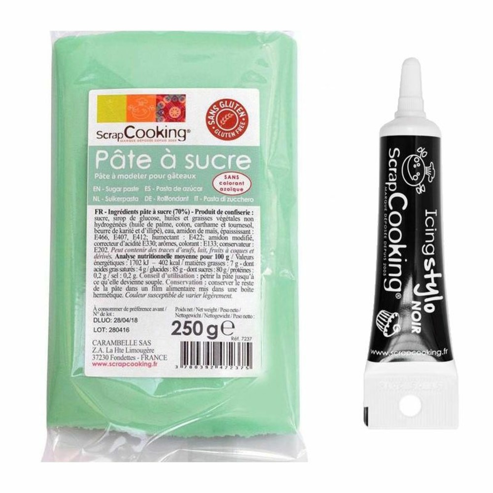 Pâte à sucre vert d'eau 250 g + stylo de glaçage noir